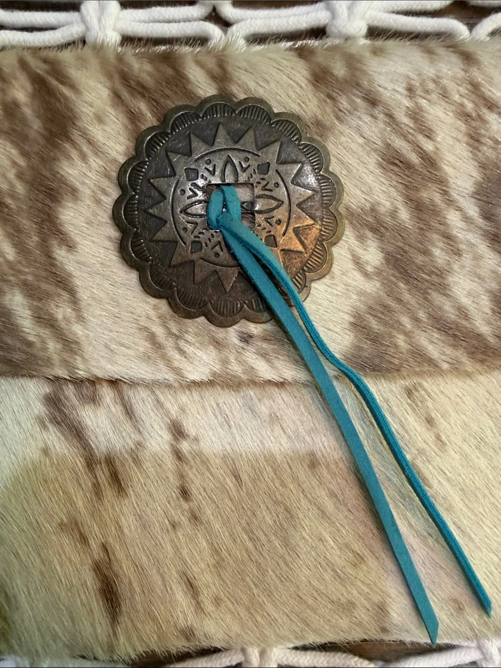 Brown & Cream Cowhide Buffalo Leather Foldover Clutch with Turquoise Lacing